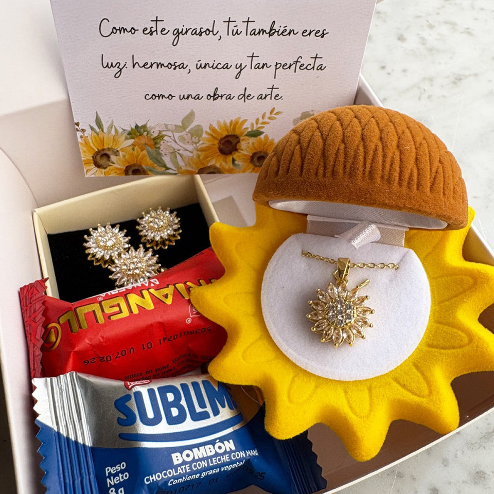 Box Premium Girasol: Set 4 en 1 Collar + Aretes  + Pulsera + Anillo Girasol Giratorio + Sorpresa