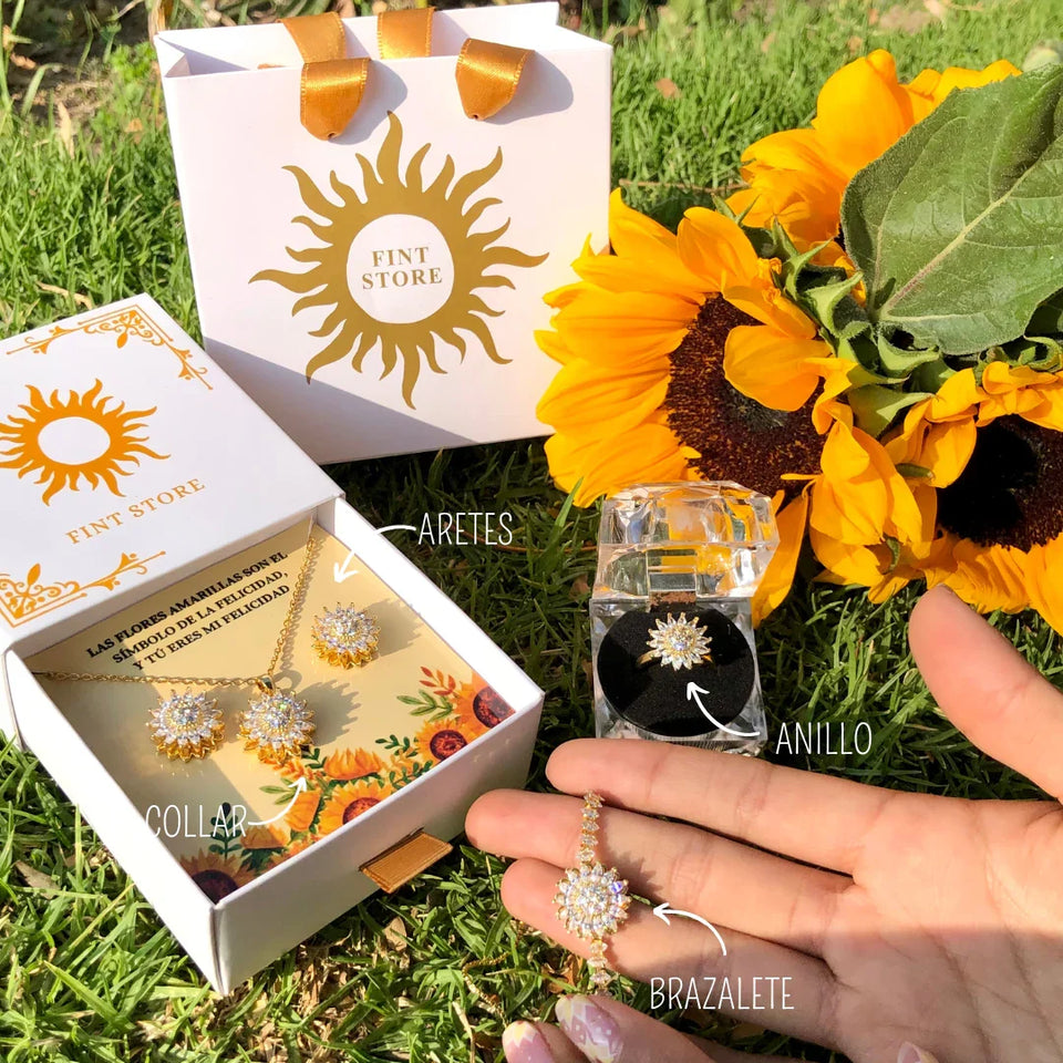 Box Premium Girasol: Set 4 en 1 Collar + Aretes  + Pulsera + Anillo Girasol Giratorio + Sorpresa