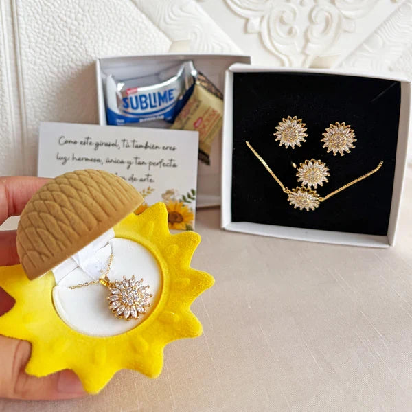 Box Premium Girasol: Set 4 en 1 Collar + Aretes  + Pulsera + Anillo Girasol Giratorio + Sorpresa